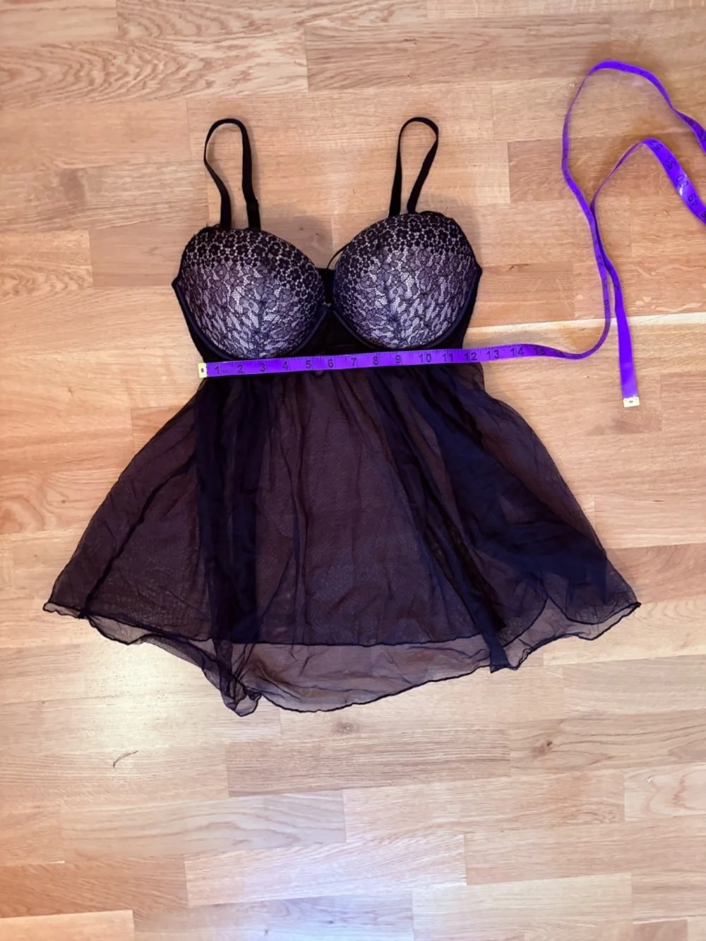 Victoria's Secret Black Lace Push-Up Babydoll Chemise Sheer Mesh Underwire 36D - Picture 7 of 10